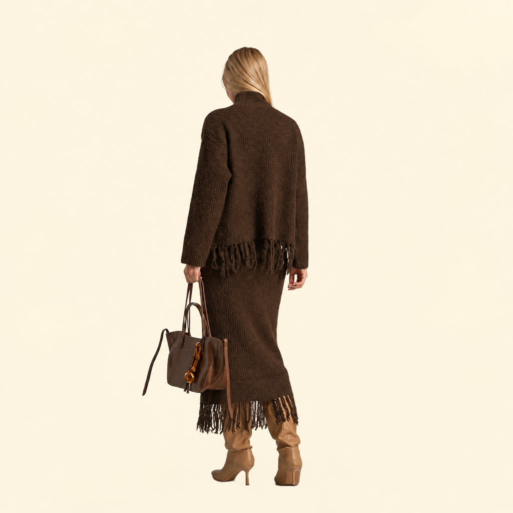Completo in maglia pullover e gonna lunga – Marrone