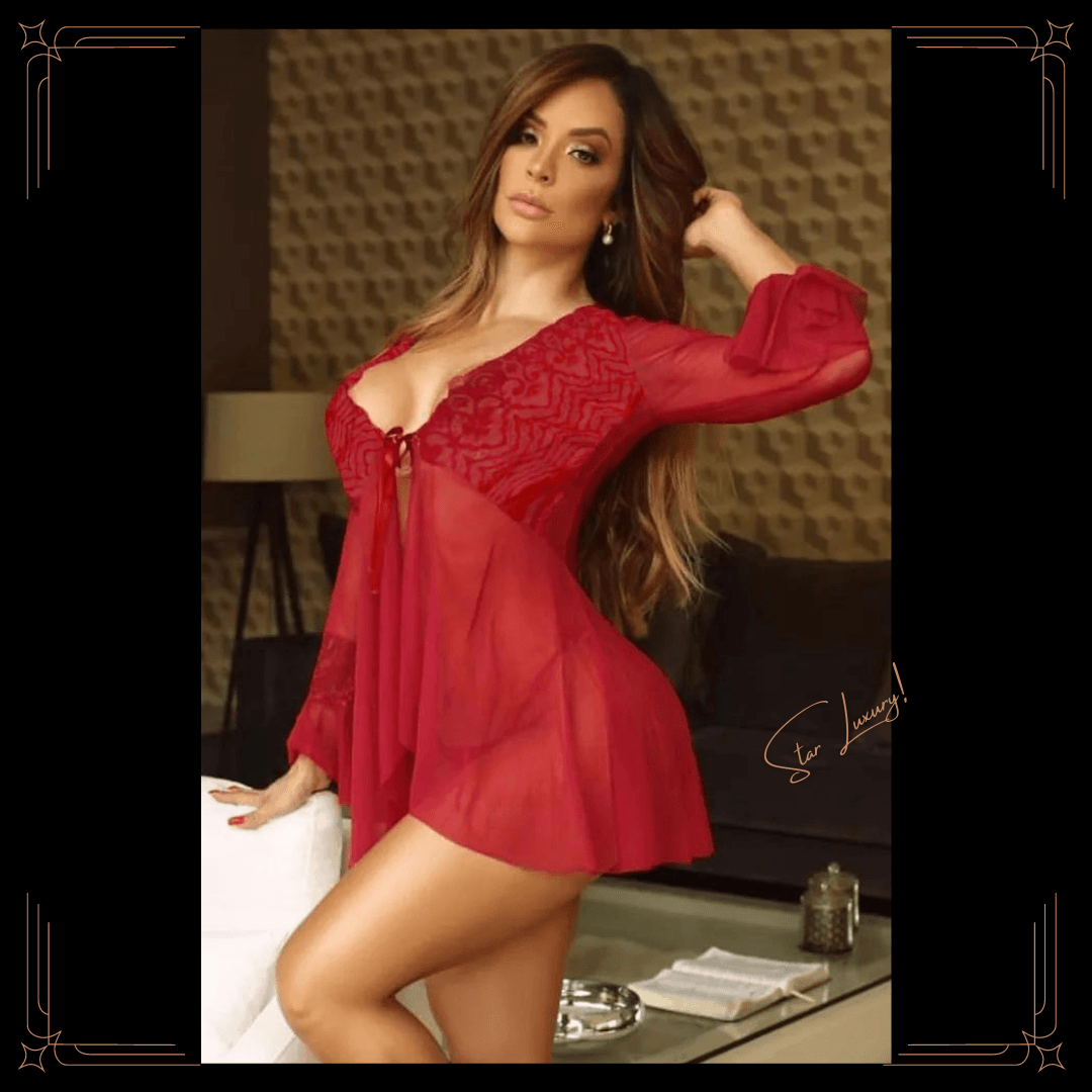 Sheer Lace Open Negligee with G-String - Red