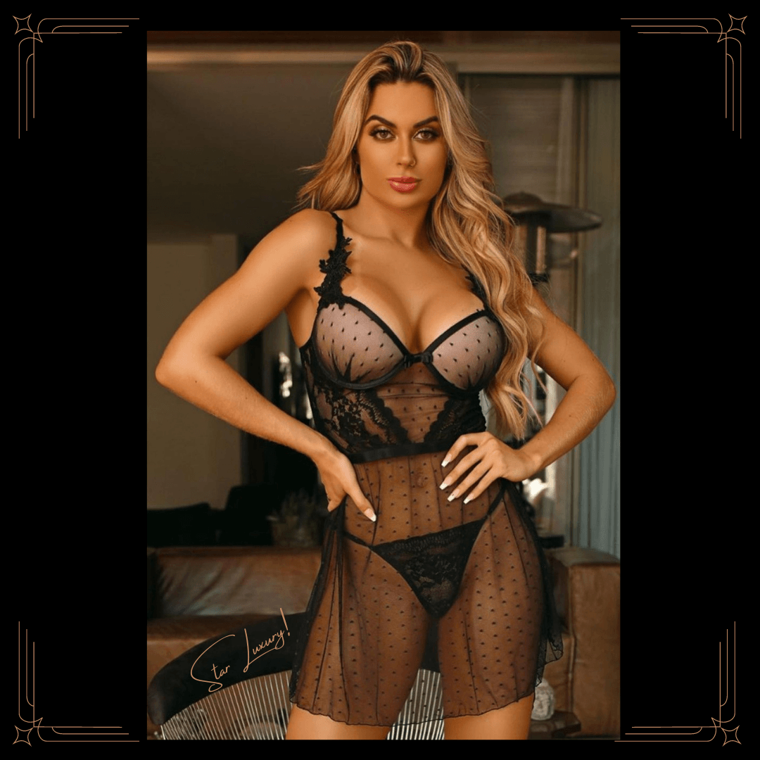 Babydoll trasparente a pois con ferretto e perizoma - Nero