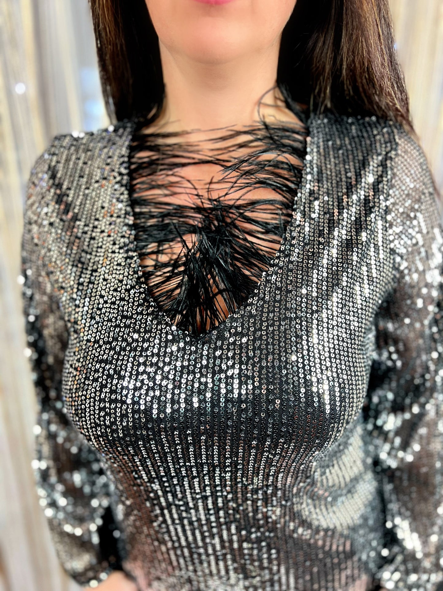 Blusa Over Handmade con paillettes e piume - Argento