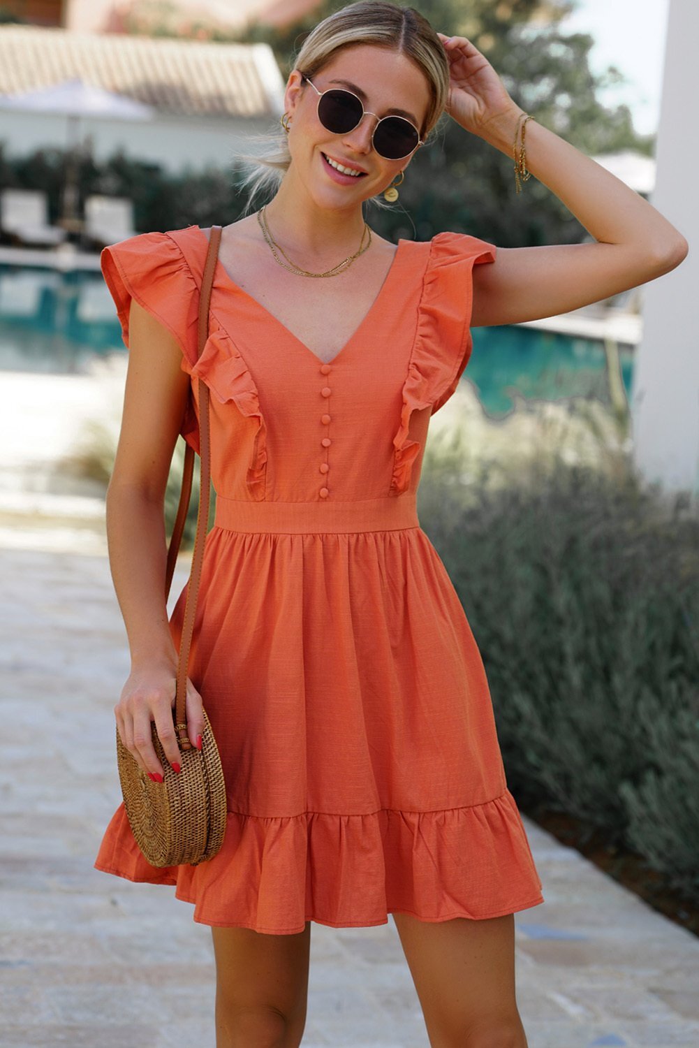 V-Neck A-Line Mini Dress - Orange