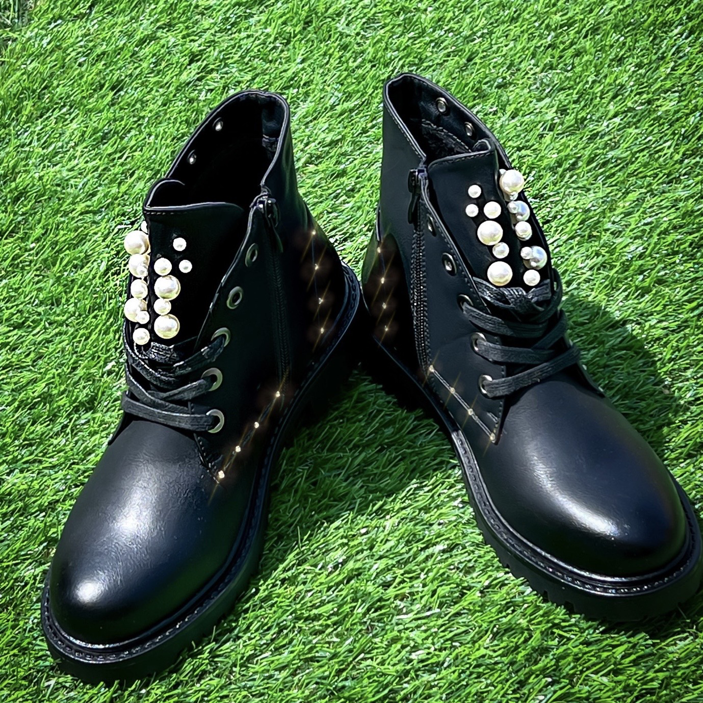 Padded ankle boots with pearls and rhinestones HandMade