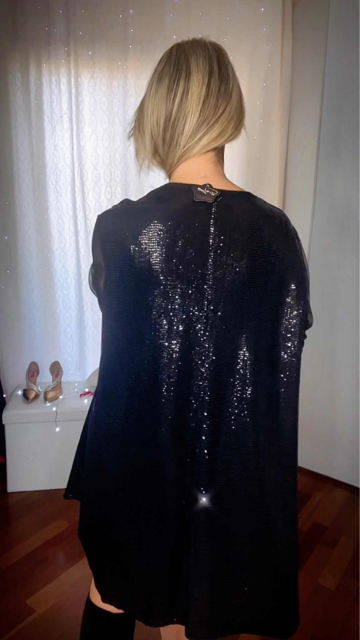 Oversized Sequin Blouse with Sheer Sleeves - Black