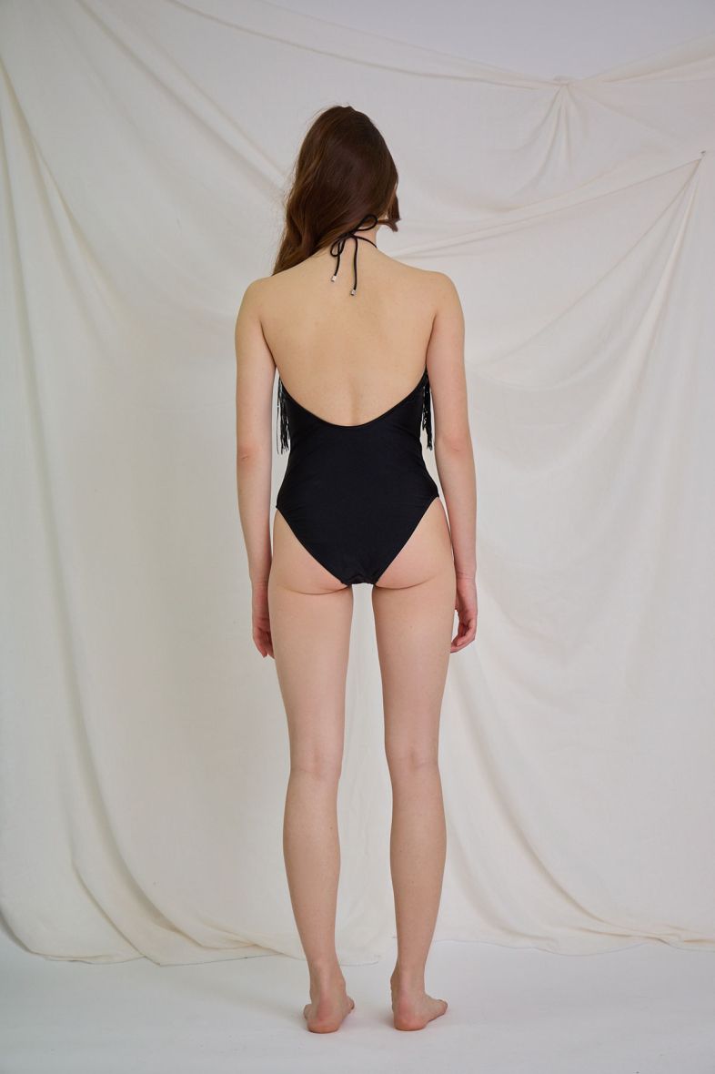 One-piece swimsuit with fringes and sequins - Black