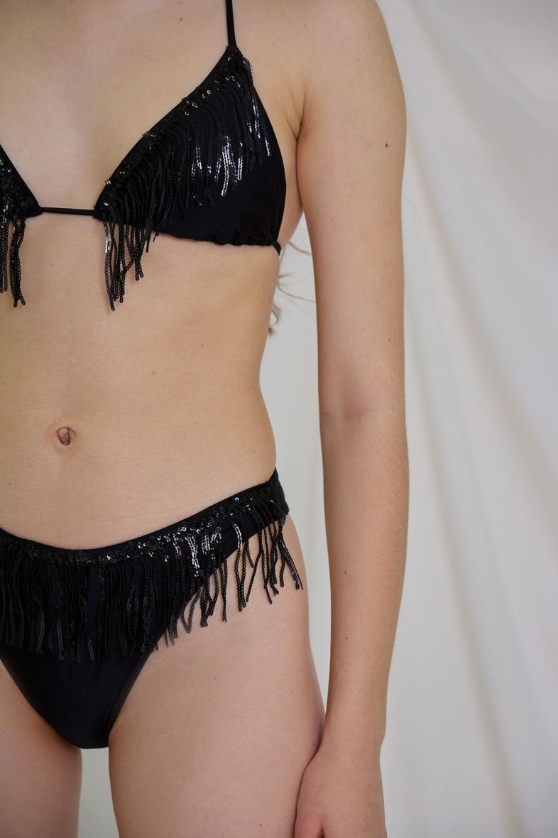 Fringe and Sequin Triangle Bikini - Black