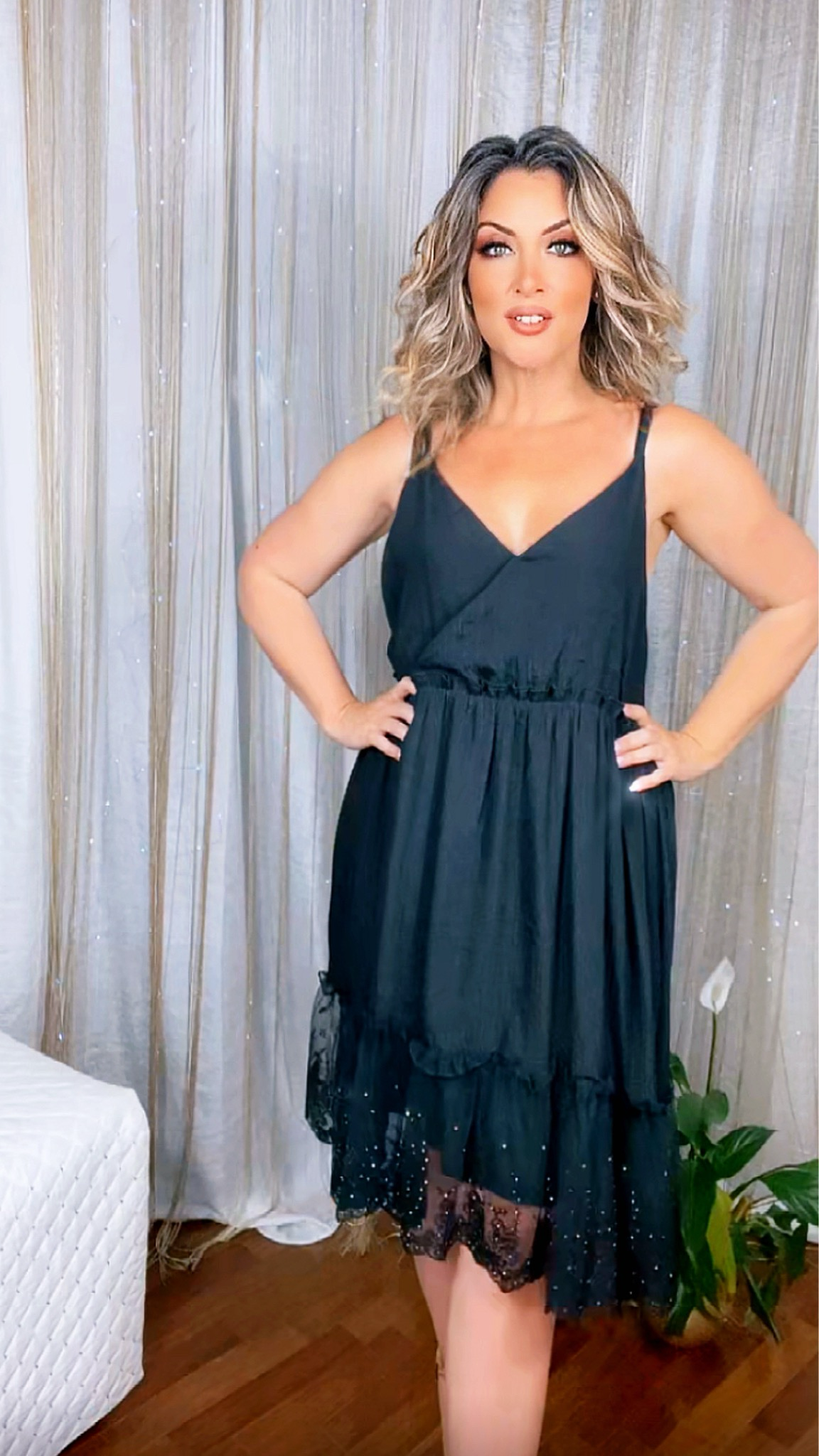 Plus Size A-Line Dress with Lace and Tulle Ruffle - Black