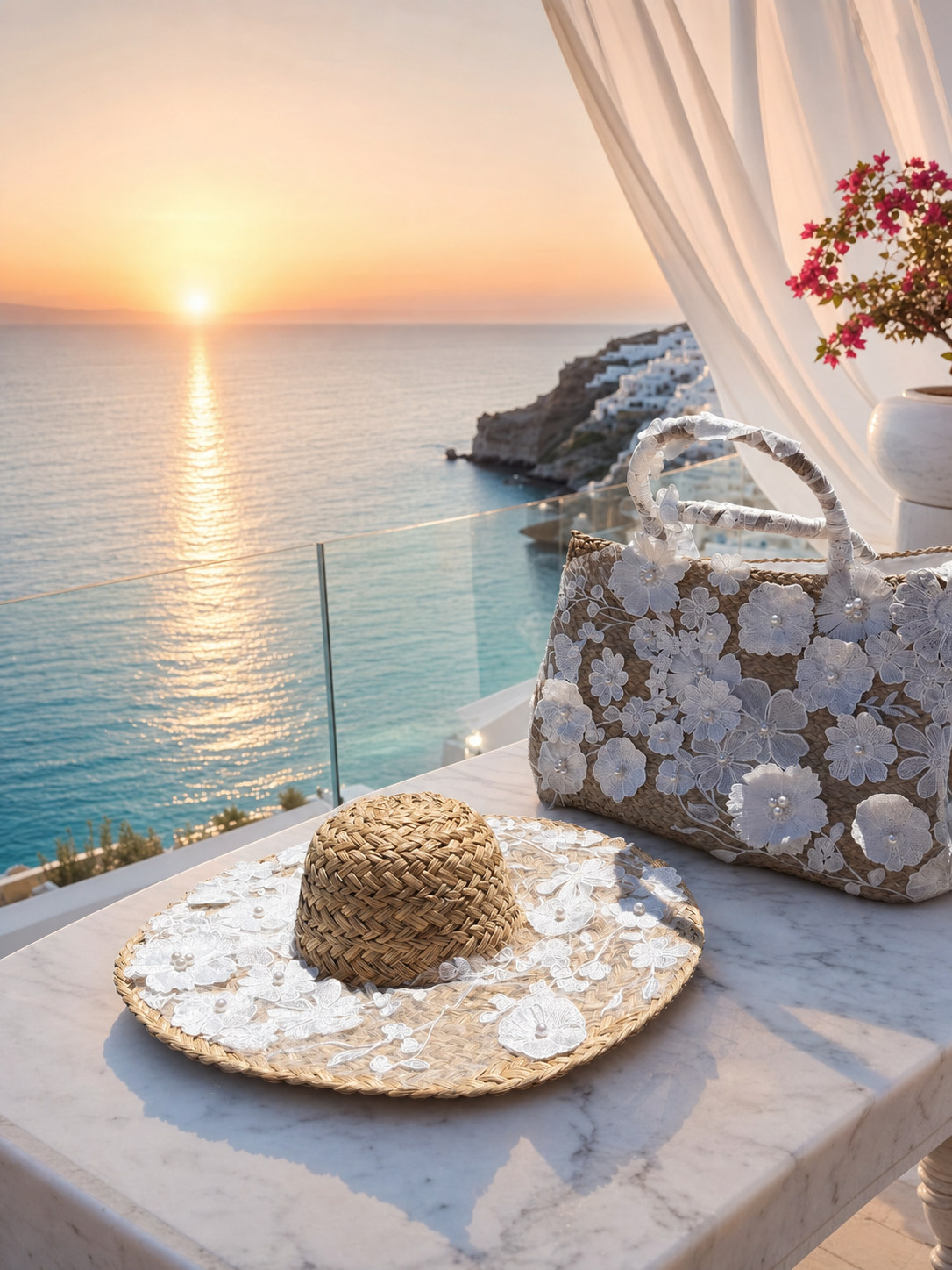 FLO WHITE - Cappello in paglia con Fiori 3D in Pizzo Bianco