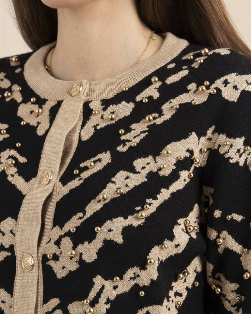 Cardigan Lurex oro animalier con perle - nero