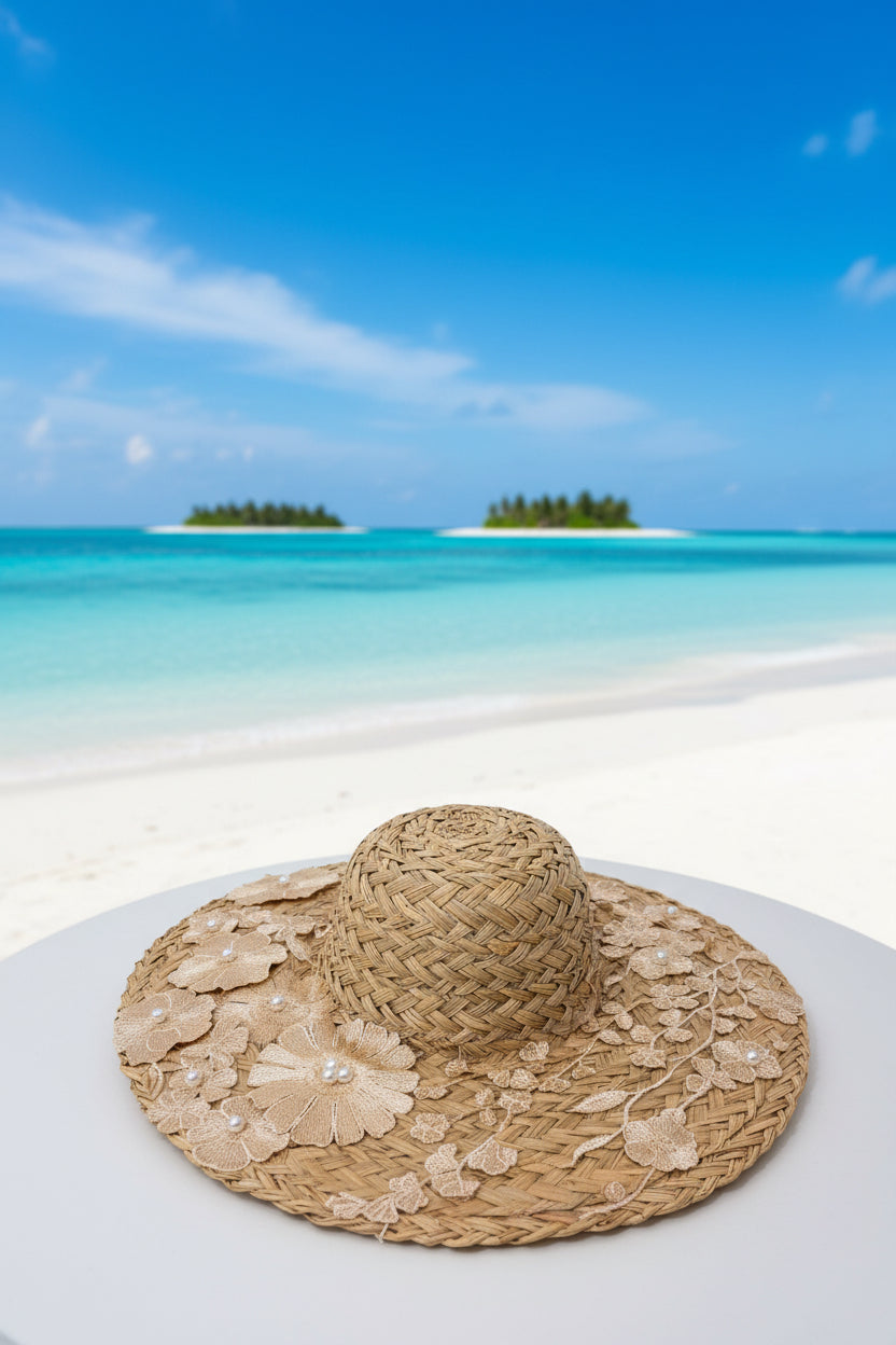 FLO BEIGE - Cappello in paglia con Fiori 3D in Pizzo Beige