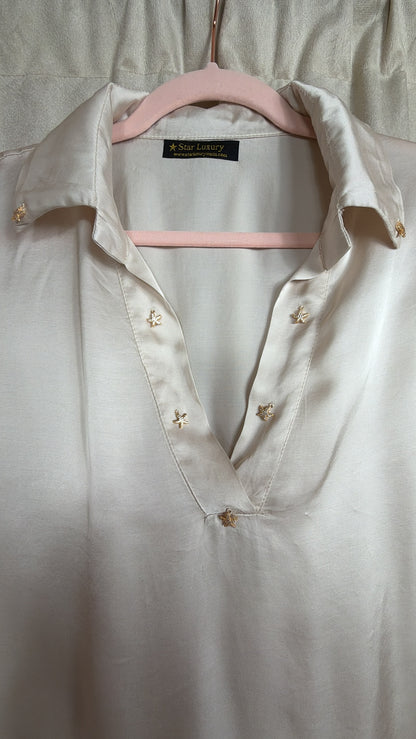 LUNARES - Blusa in Seta e Viscosa con Stelline di Strass Cucite a Mano - Avorio