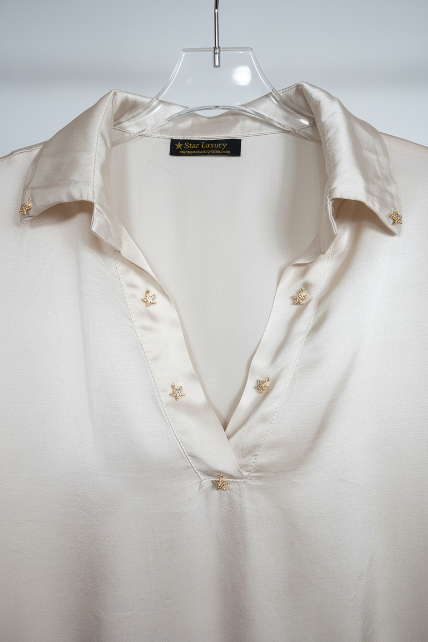 LUNARES - Blusa in Seta e Viscosa con Stelline di Strass Cucite a Mano - Avorio
