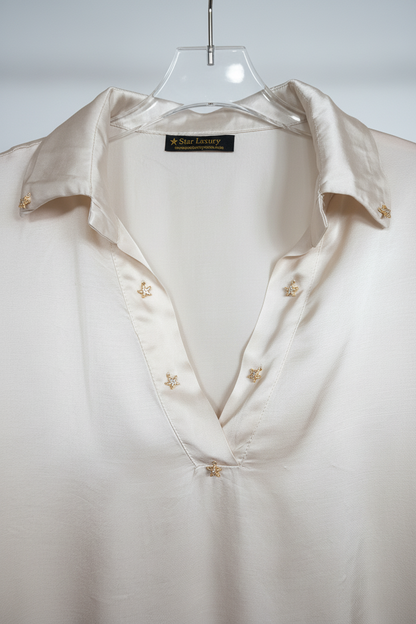 LUNARES - Blusa in Seta e Viscosa con Stelline di Strass Cucite a Mano - Avorio