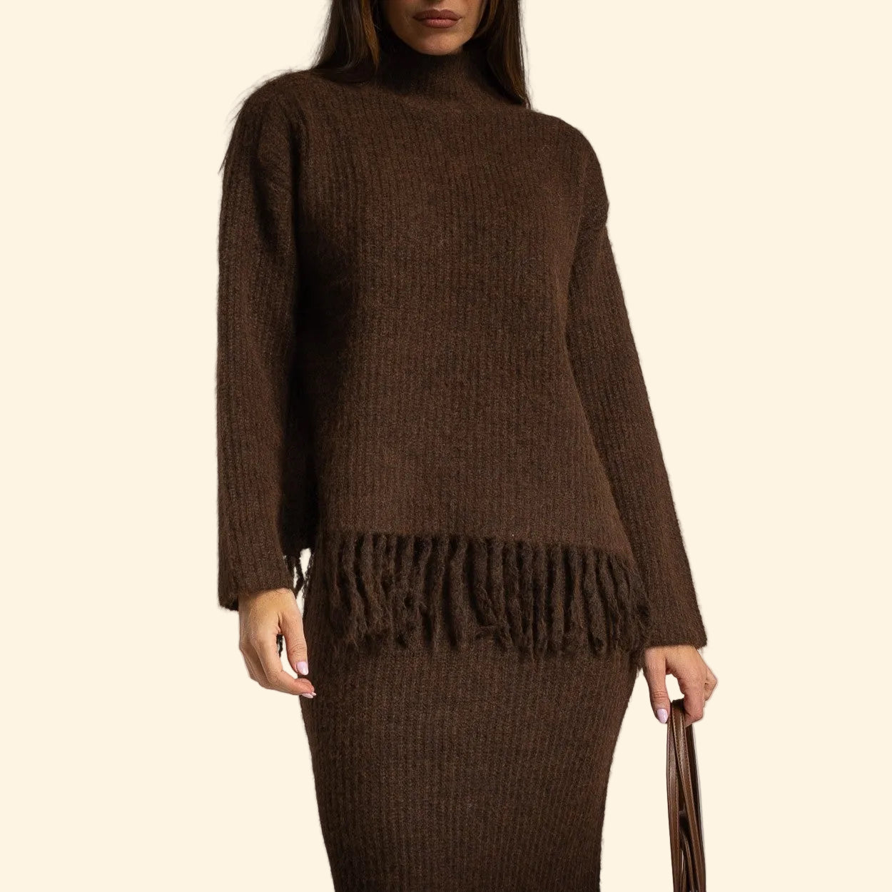 Completo in maglia pullover e gonna lunga – Marrone