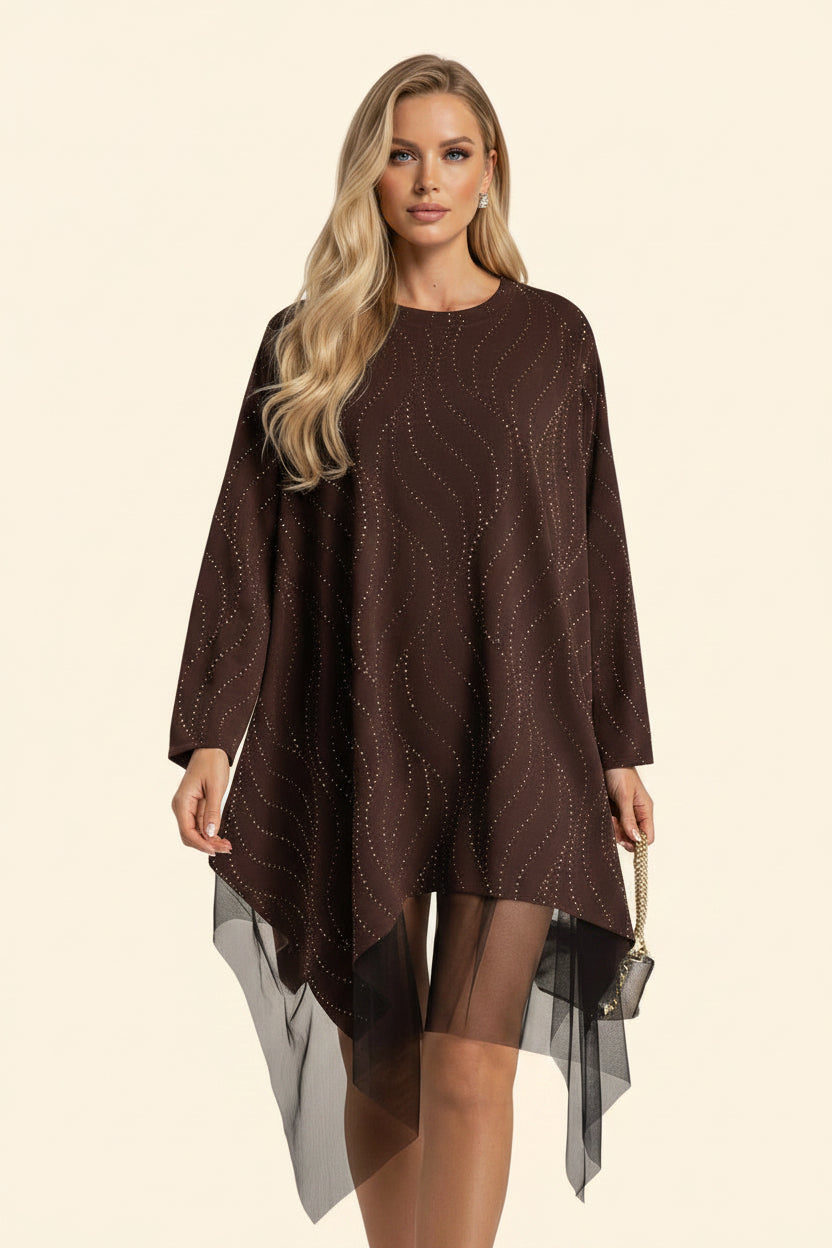 Abito Curvy con strass e tulle - Marrone