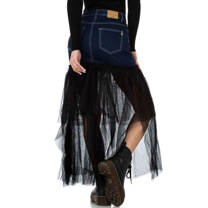 Mini skirt jeans sheer skirt denim stretch - Blue with black tulle