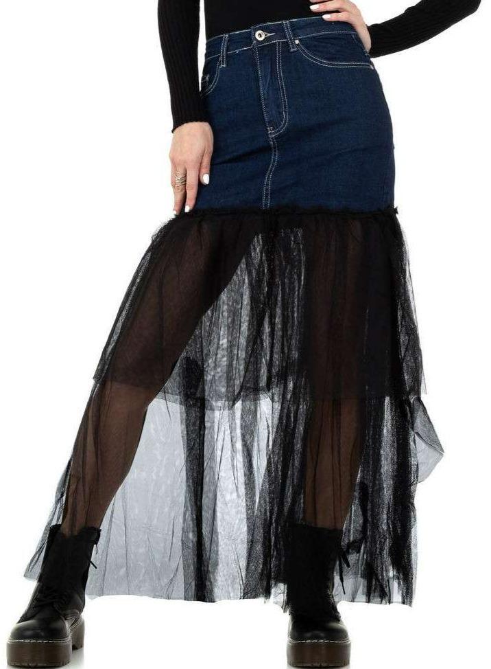 Mini skirt jeans sheer skirt denim stretch - Blue with black tulle