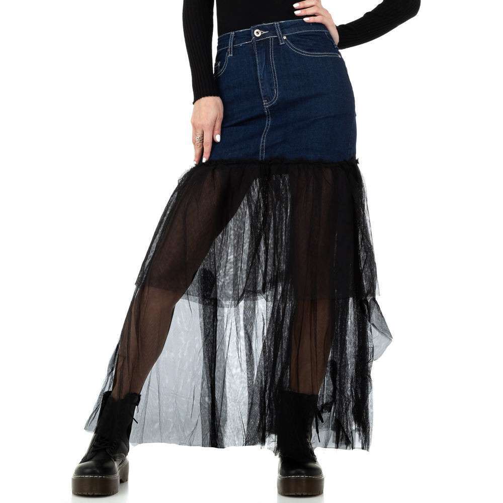 Mini skirt jeans sheer skirt denim stretch - Blue with black tulle