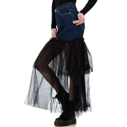 Mini skirt jeans sheer skirt denim stretch - Blue with black tulle