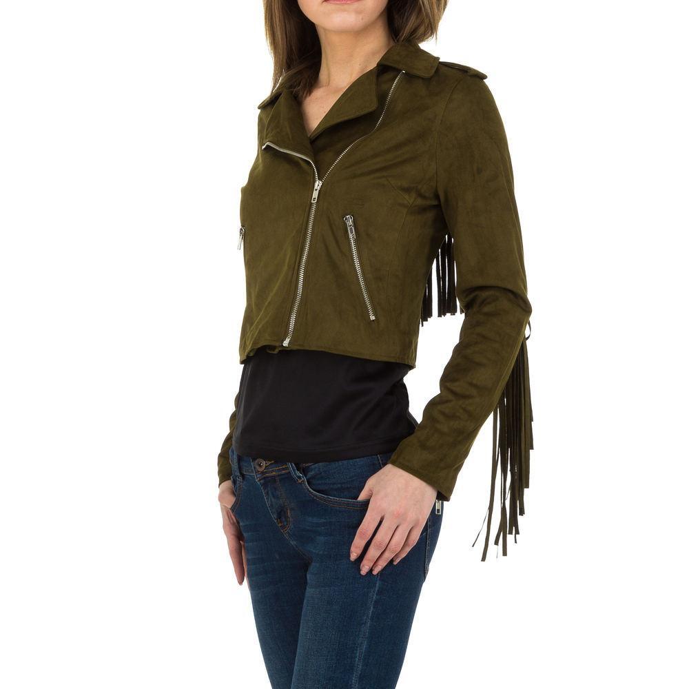 Suede Short Jacket with Fringes and Star Studs - Military Green