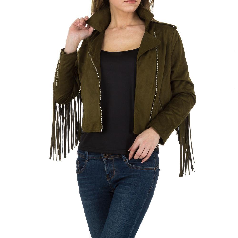 Suede Short Jacket with Fringes and Star Studs - Military Green