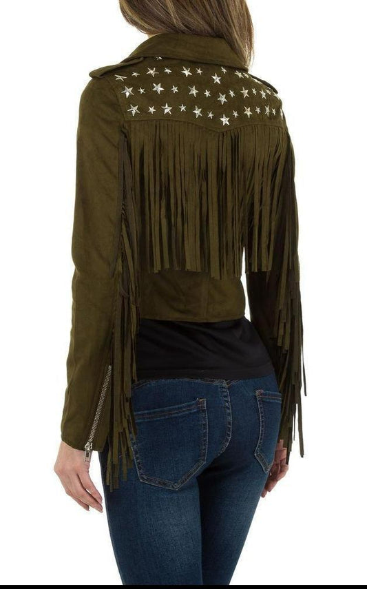 Suede Short Jacket with Fringes and Star Studs - Military Green