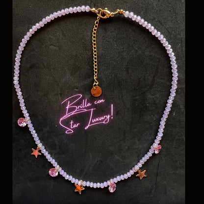 Collana con cristalli e charms con stelle - Rosa