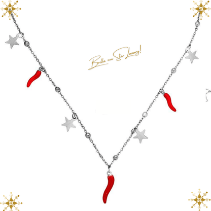 Collana portafortuna con charms stelle e cornetti rossi - Rodio