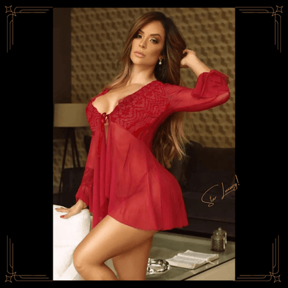 Sheer Lace Open Negligee with G-String - Red