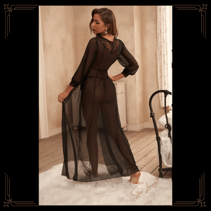 Long Lace Robe with Thong - Black