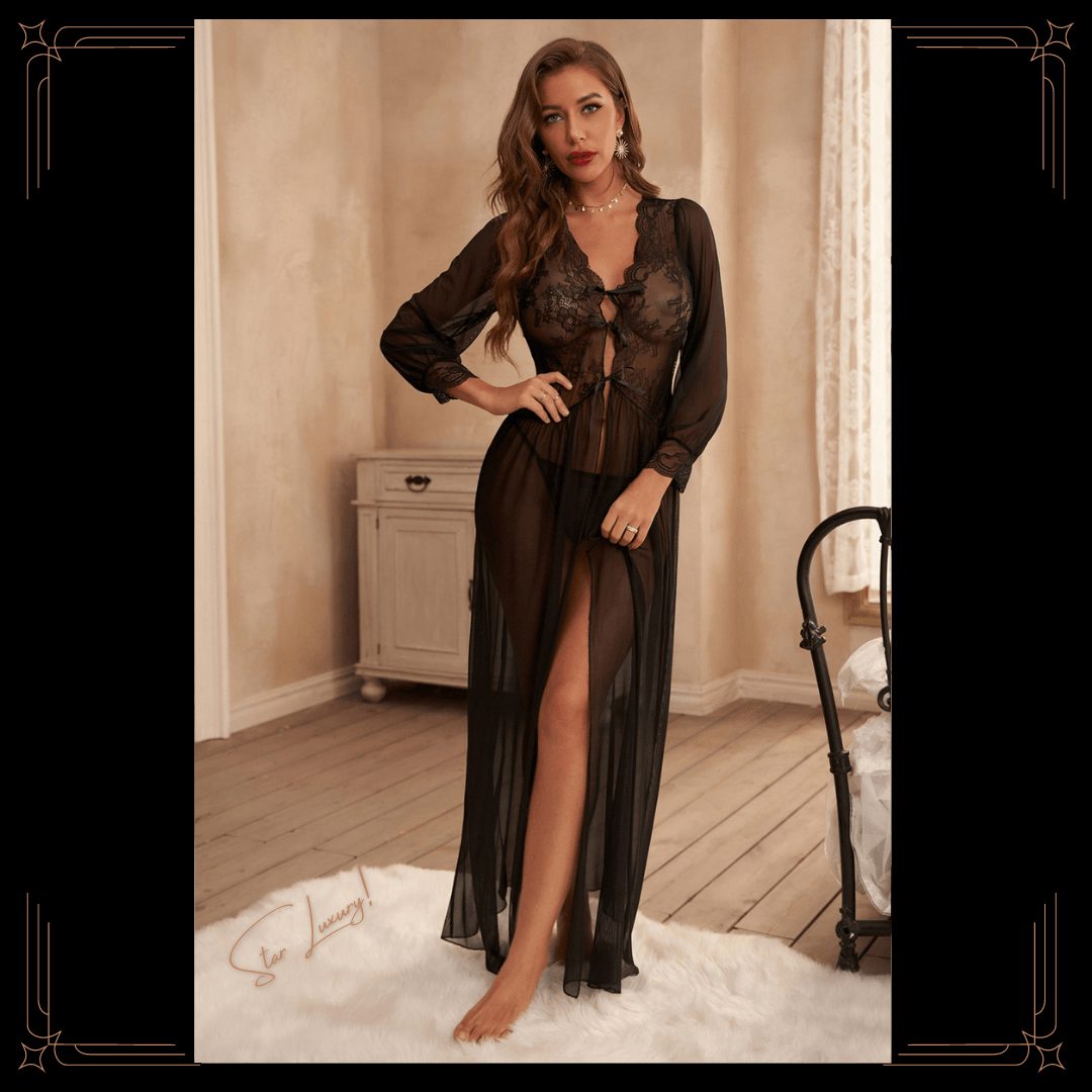 Long Lace Robe with Thong - Black