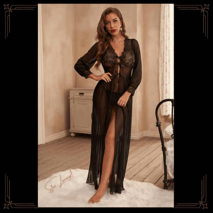 Long Lace Robe with Thong - Black