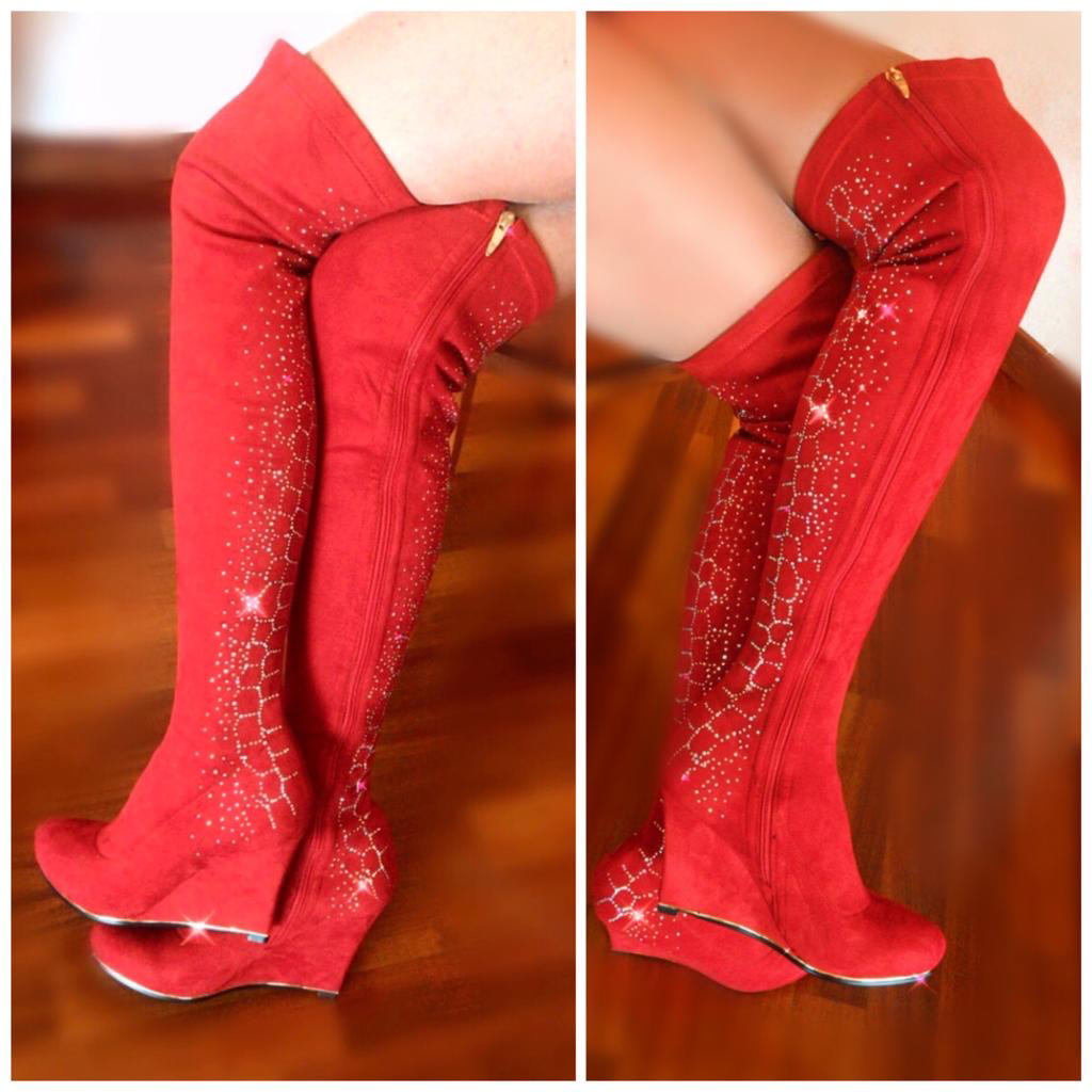 Party Glitter Over The Knee Boots - Red