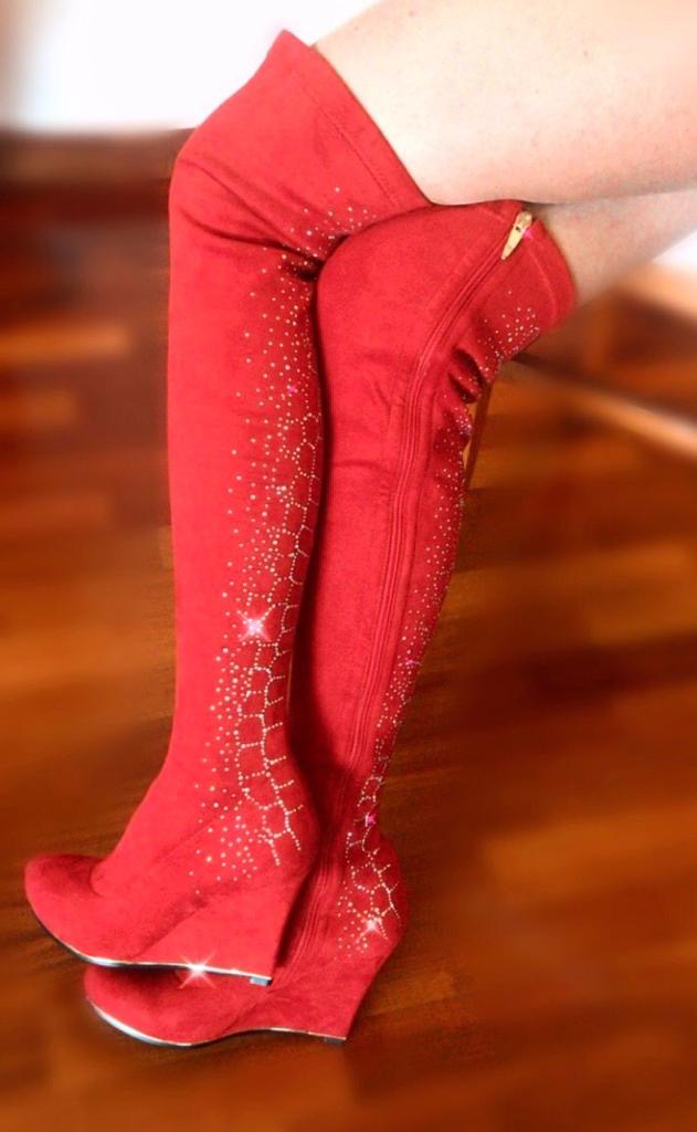 Party Glitter Over The Knee Boots - Red