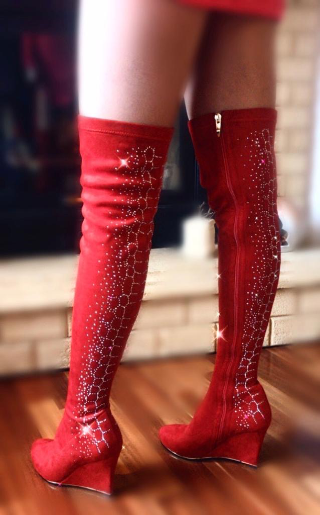 Party Glitter Over The Knee Boots - Red