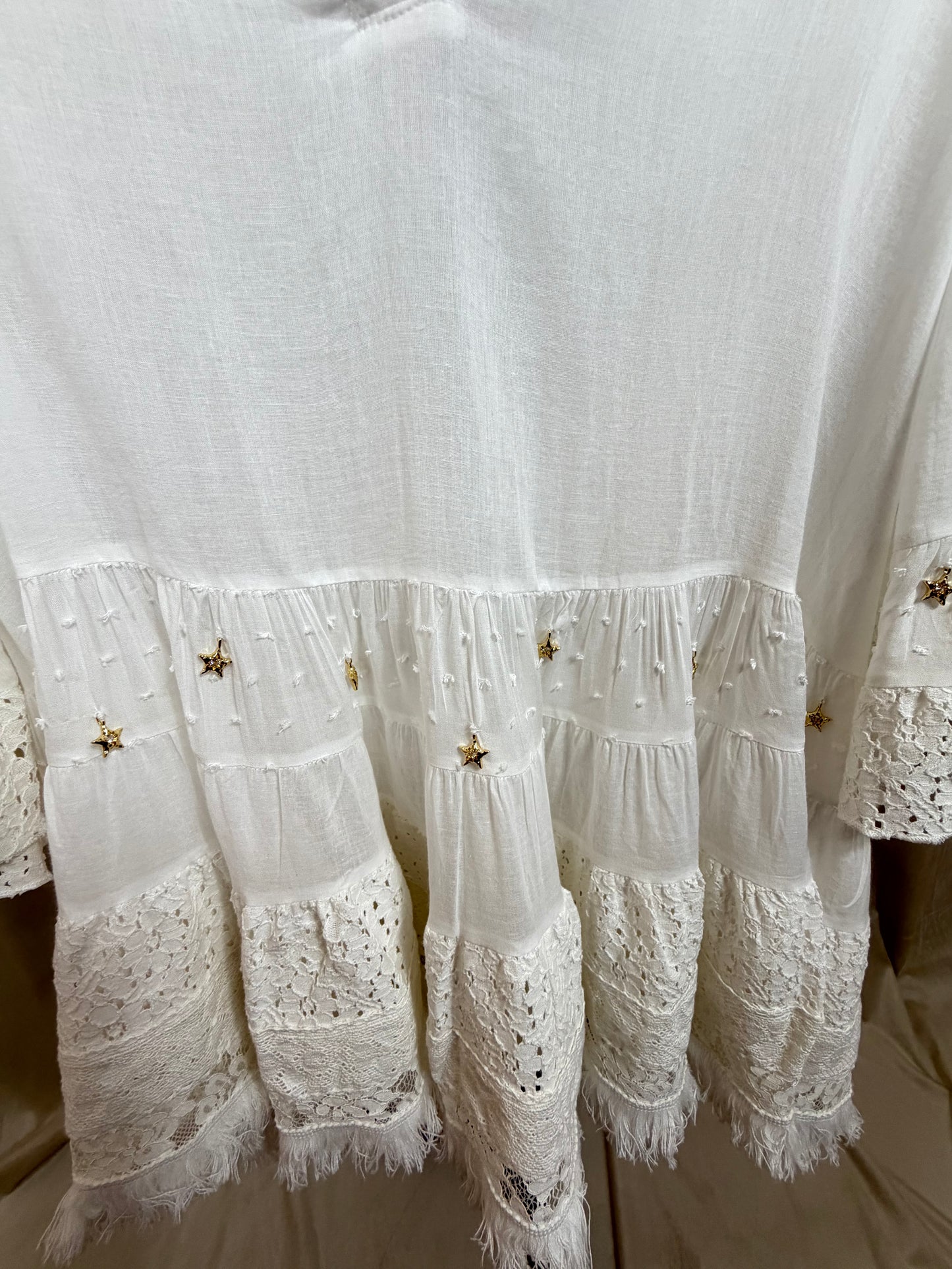LUNA — Abito in Cotone e Pizzo con Frange Bianco
