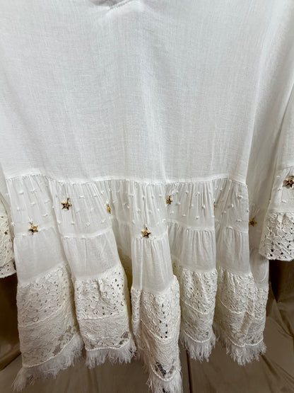 LUNA — Abito in Cotone e Pizzo con Frange Bianco