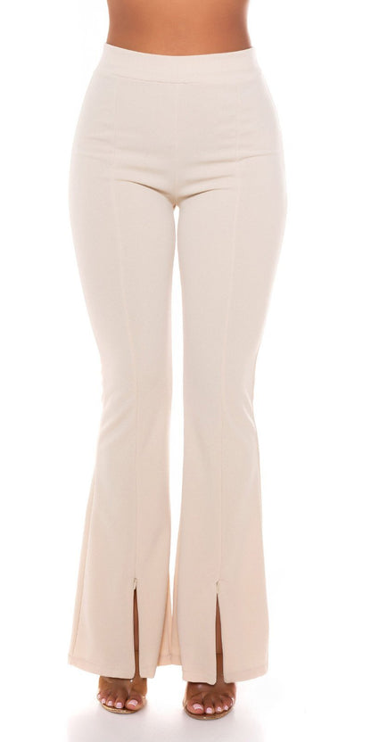 High Waist Stretch Pants with Zippers and Elastic Waist - Beige