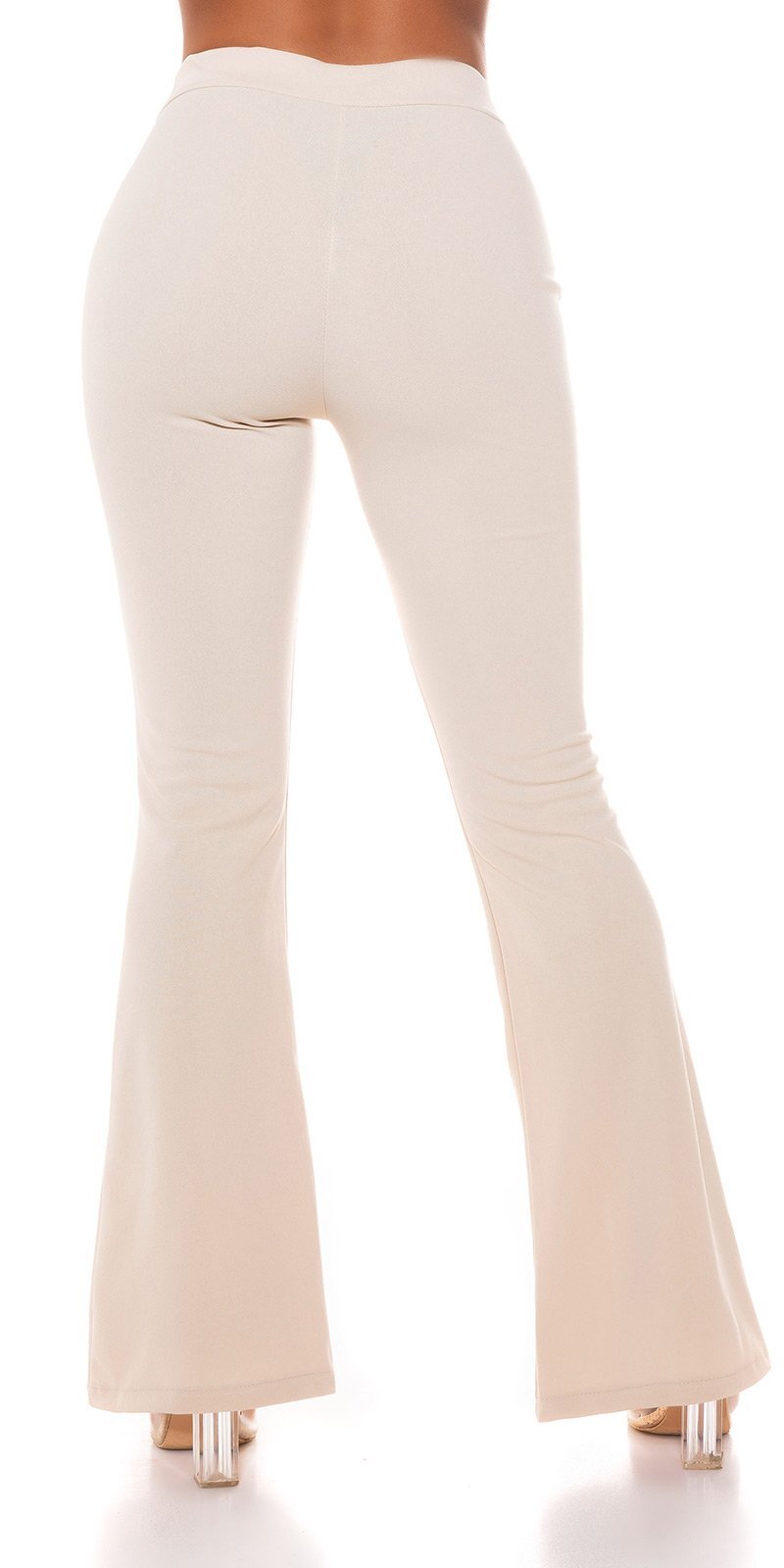High Waist Stretch Pants with Zippers and Elastic Waist - Beige