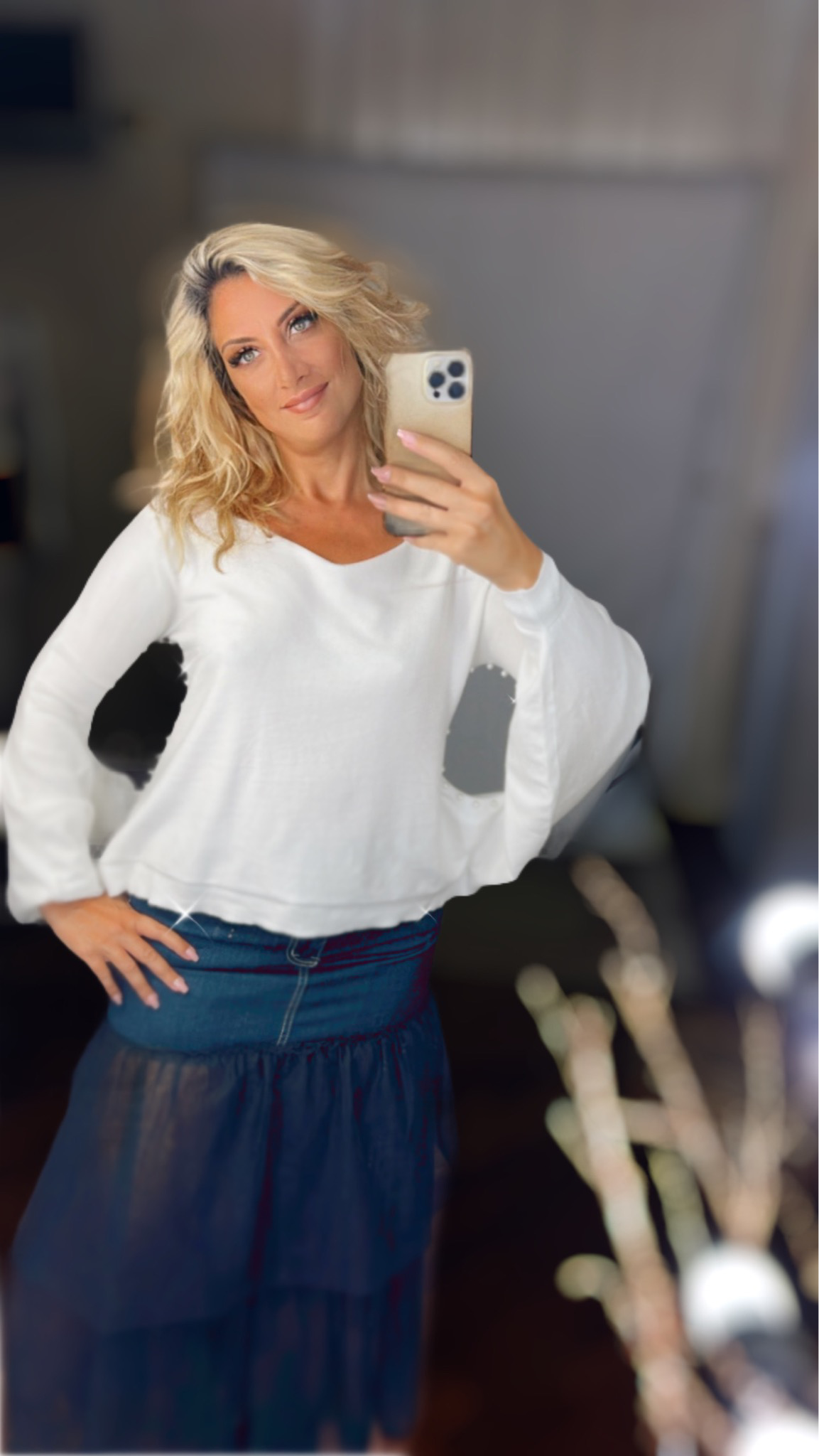 Mini skirt jeans sheer skirt denim stretch - Blue with black tulle