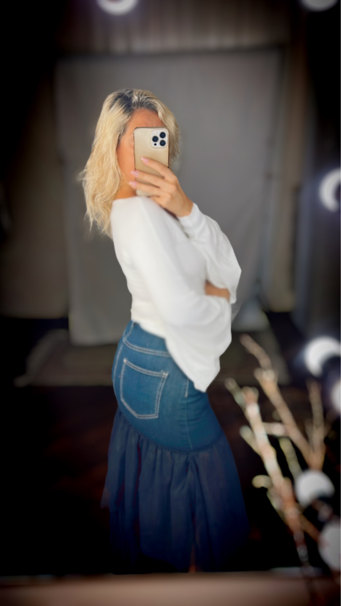 Mini skirt jeans sheer skirt denim stretch - Blue with black tulle