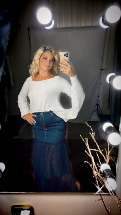 Mini skirt jeans sheer skirt denim stretch - Blue with black tulle
