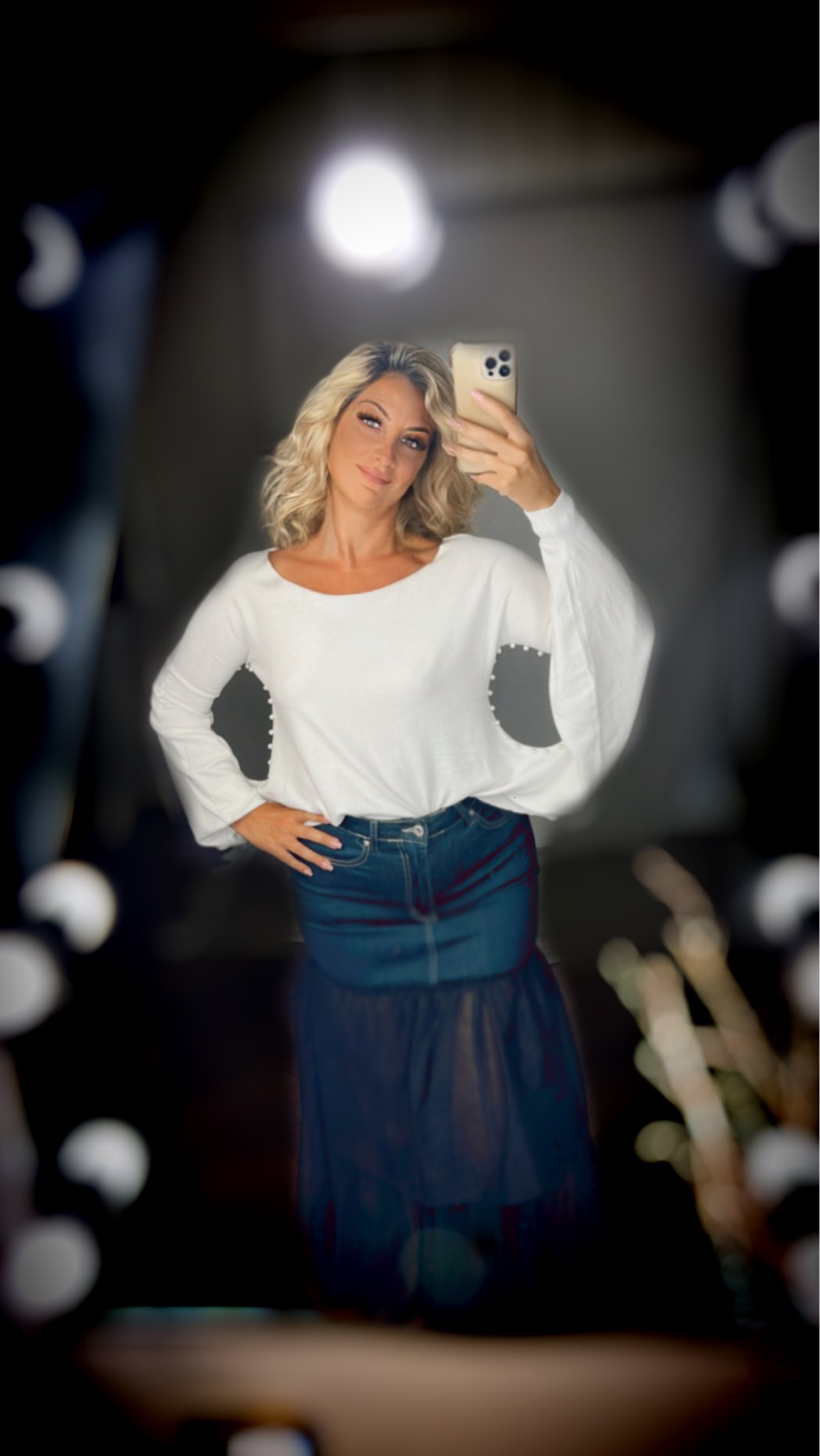 Mini skirt jeans sheer skirt denim stretch - Blue with black tulle