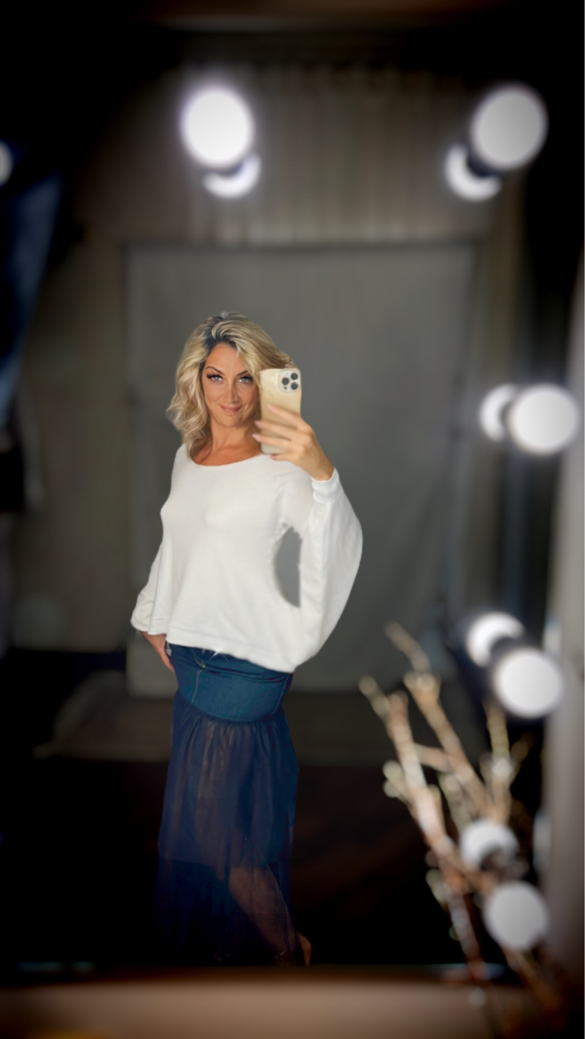 Mini skirt jeans sheer skirt denim stretch - Blue with black tulle
