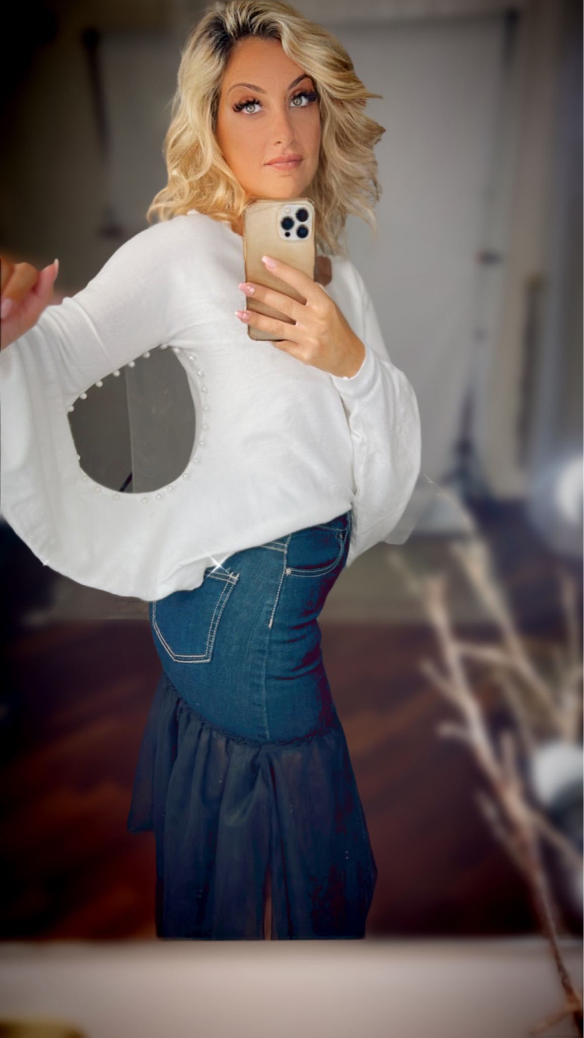 Mini skirt jeans sheer skirt denim stretch - Blue with black tulle