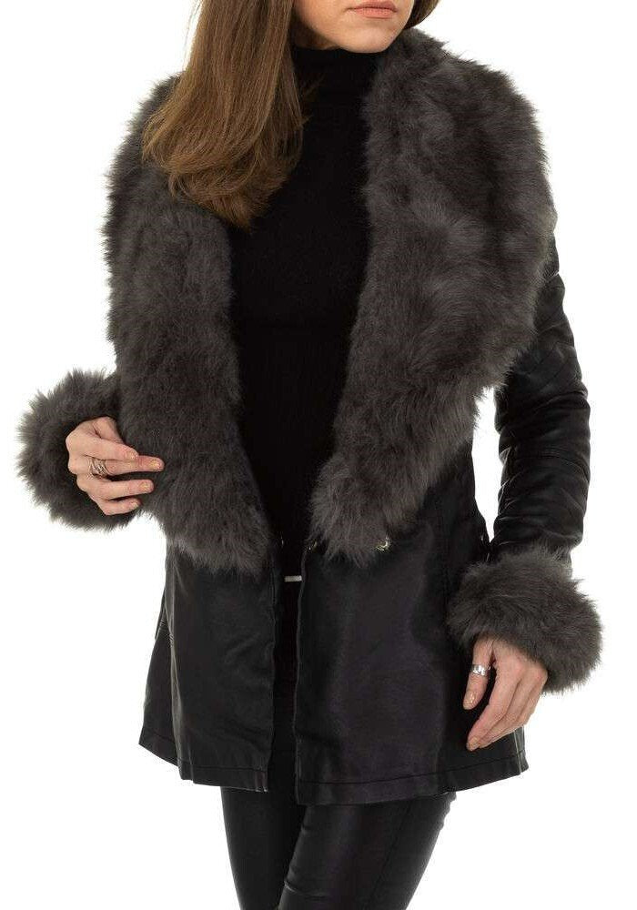 Eco-leather shawl coat in eco-fur with teddy interior - Black