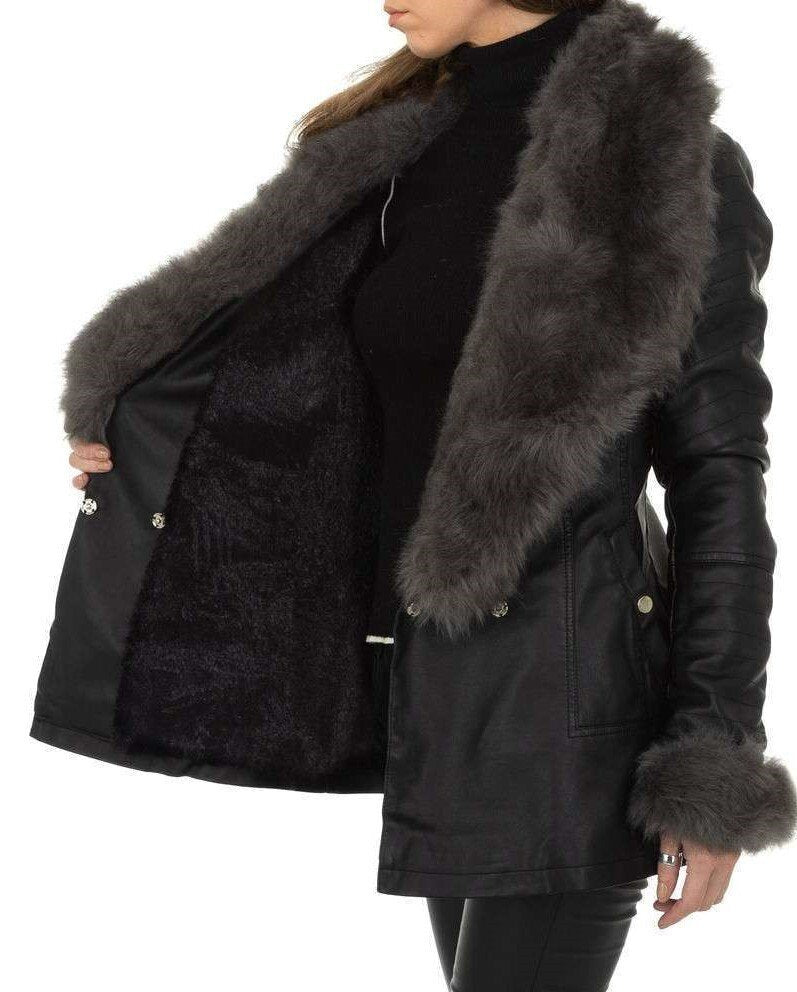 Eco-leather shawl coat in eco-fur with teddy interior - Black