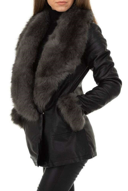 Eco-leather shawl coat in eco-fur with teddy interior - Black