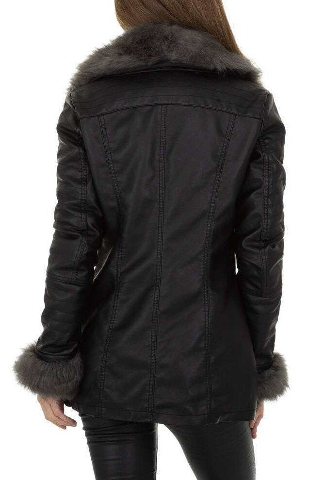 Eco-leather shawl coat in eco-fur with teddy interior - Black
