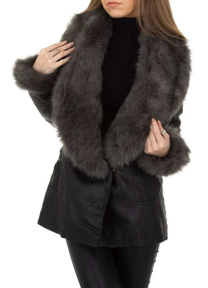 Eco-leather shawl coat in eco-fur with teddy interior - Black