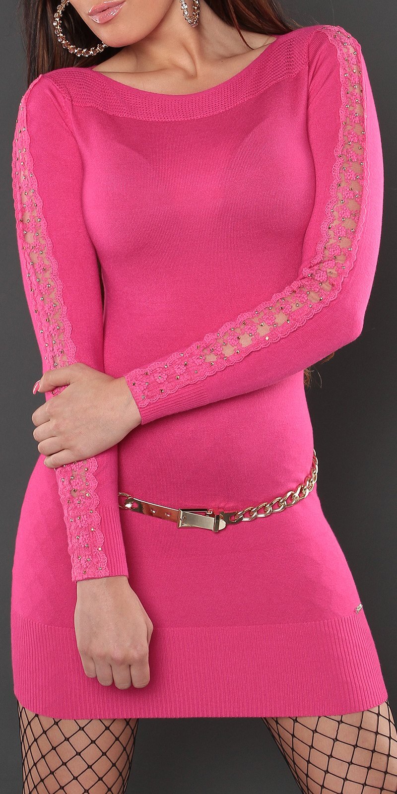Mini Abito in maglia ricamato con strass e borchiette - Rosa
